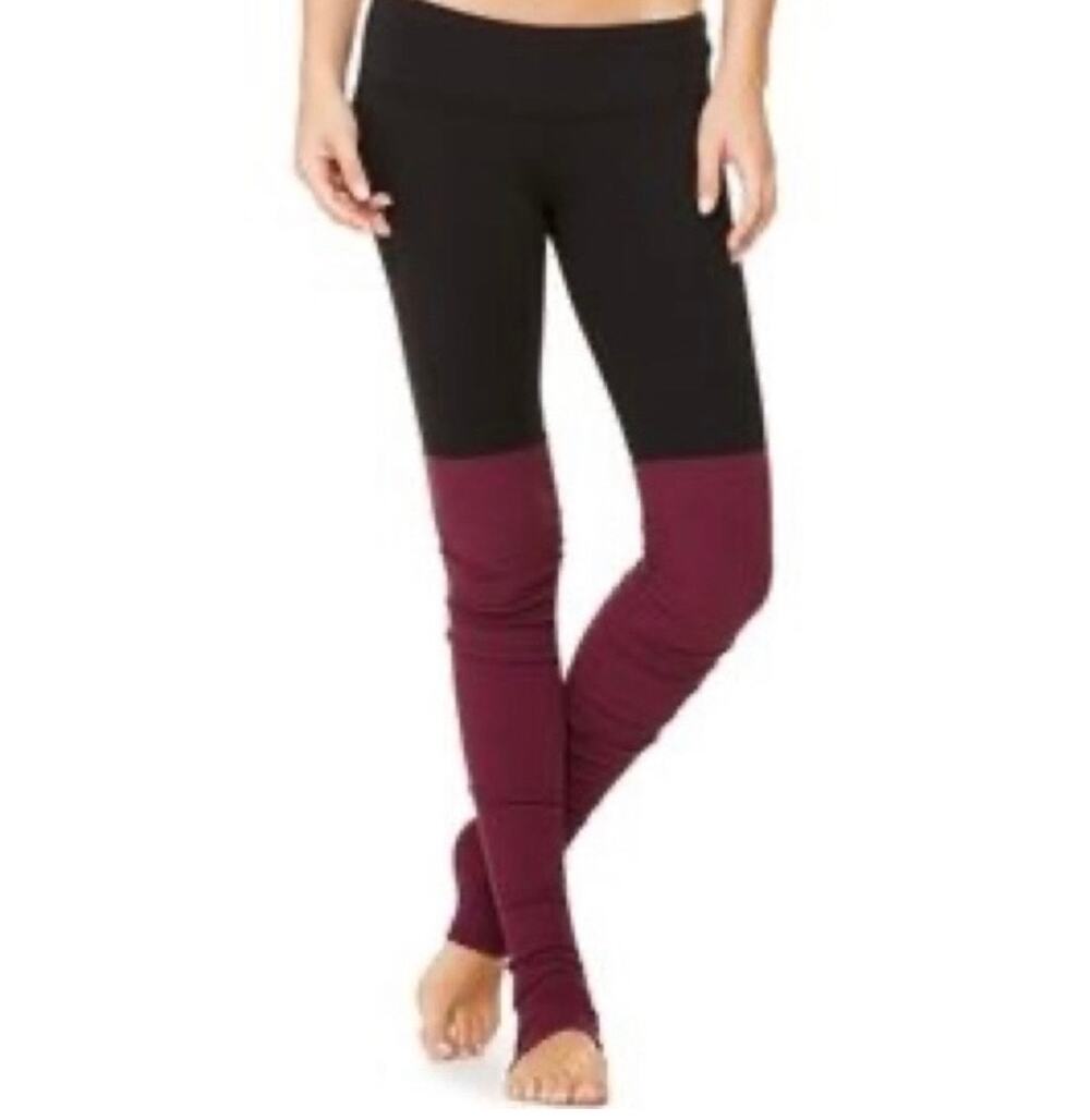 Alo Yoga Goddess Ribbed Leggings XS Black Burgundy Wine Colorblock